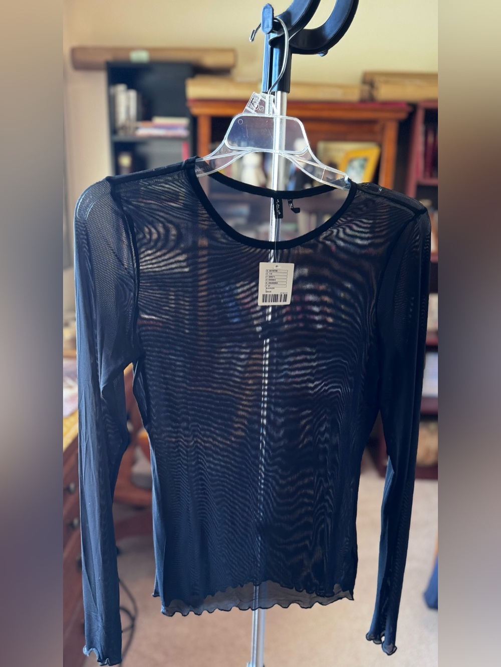 Urban Outfitters Sheer Black Long-Sleeve Mesh Top Sz L NEW